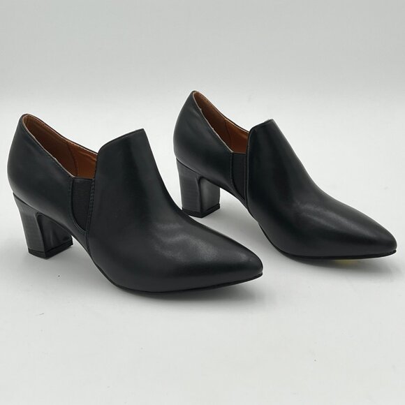 Black Women’s V-Cut Loafers Chunky Heels Loafer Pointed Toe Pump Causal Slip On - Picture 1 of 5